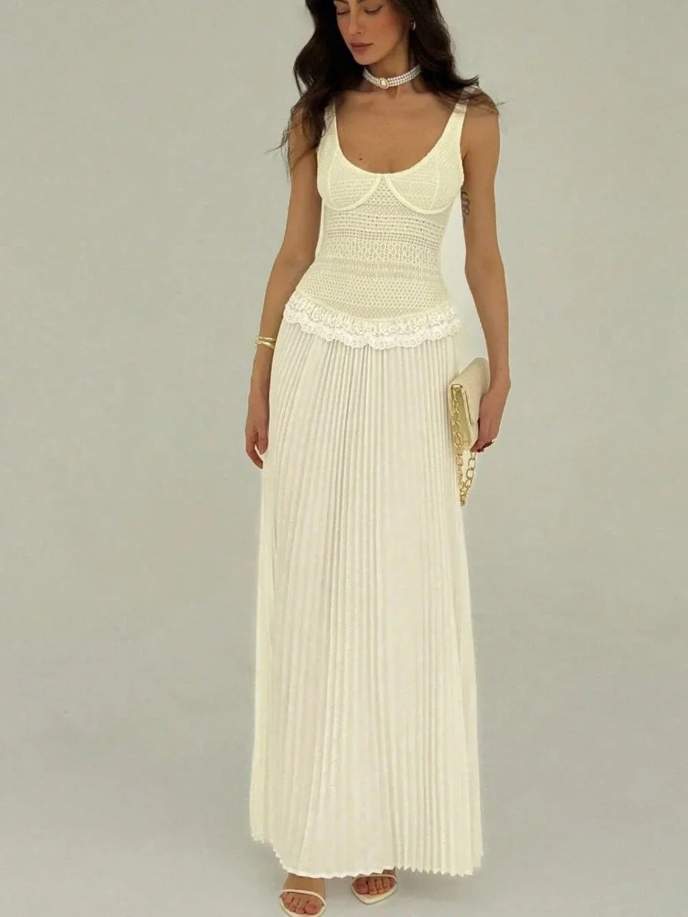Beige Elegant Women's Fitted Sexy Low-Cut Pleated Lace Trim Maxi Dress - Picture 4 of 6